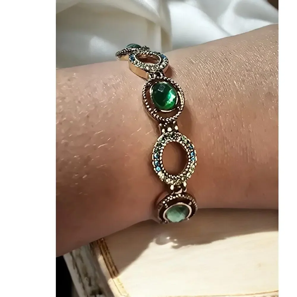 Napier Green Crystal Stretch Bracelet Vintage Gold Tone Moody Glam